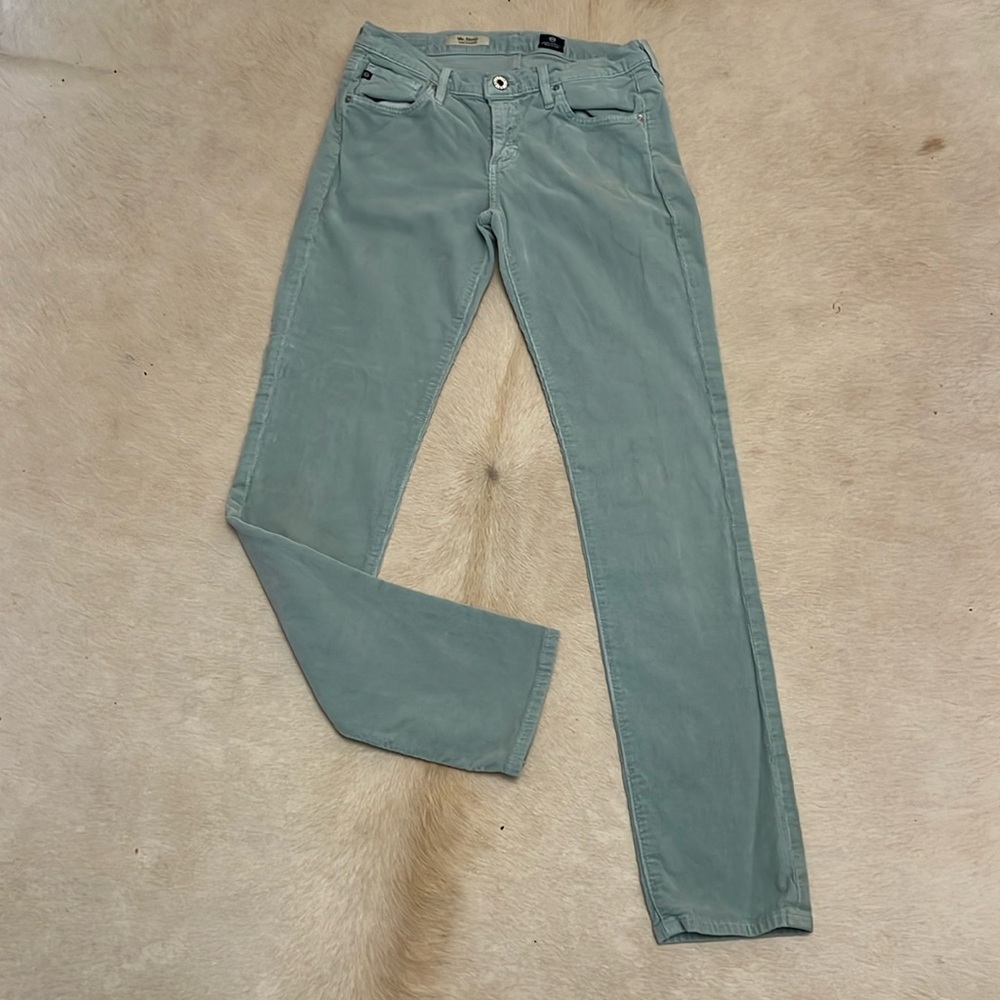 AG the Stevie slim straight aqua colored corduroy jeans 28R